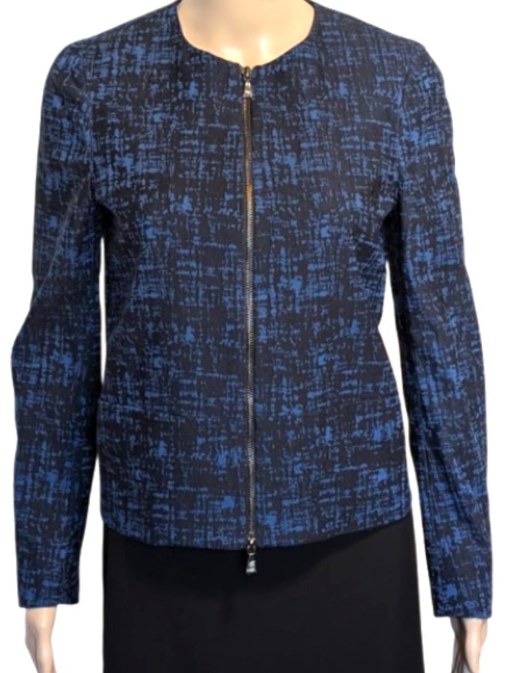 Anne Klein Blue Black Textured Jacket Size 4 Zip Front Office Blazer